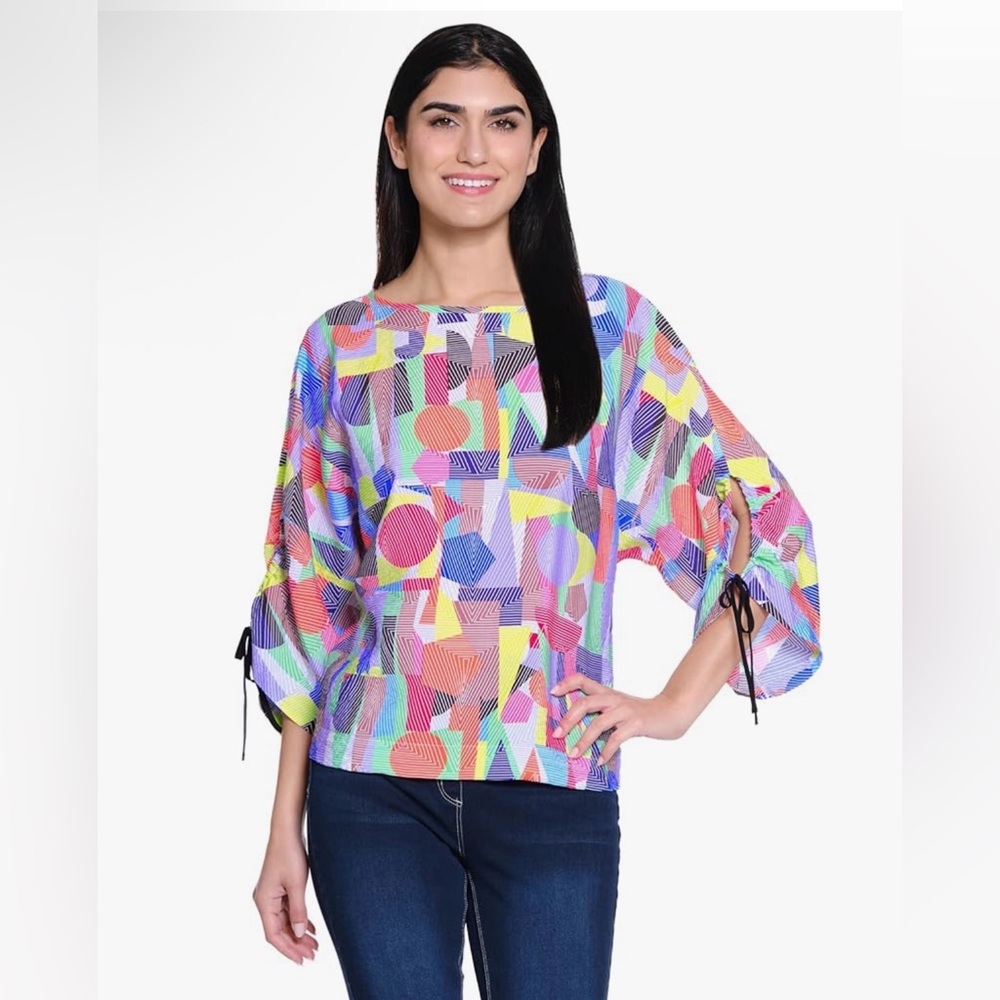Ali Miles Women's Sz PM Woven Popover 3/4 Sleeve Ties Rayon Geometric Multi